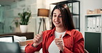 Laptop, video call and woman in office with thumbs up for ROI growth, development or support at night. Late, online meeting and female person in digital marketing with tech, kpi solution and success.
