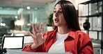 Business woman, document and frustrated on video call for publication error, bad review or night. Publishing agency, journalist and virtual meeting with stress for manuscript mistake or deadline fail