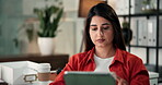 Tablet, smile and reading with business woman in office for planning, client feedback and branding project. Social media marketing, online campaign and post update with person in creative agency