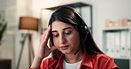 Frustrated, woman and consultant with stress or headset in office for difficult customer or mistake. Female person, agent or annoyed with migraine or mic for virtual assistance, pressure or strain