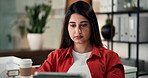 Tablet, research and reading with business woman in office for planning, client feedback and branding project. Social media marketing, online campaign and post update with person in creative agency