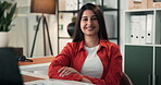 Face of woman, confident and smile in creative agency, career growth and professional in advertising. Portrait, happy and copywriter with pride in office, opportunity and positive mindset for success