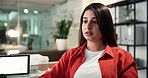 Talking, woman and online meeting in office for feedback, opinion or solution in digital marketing. Speaking, creative or female person in video call with update, problem solving or advice in agency.