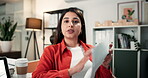 Documents, video call and face with business woman in office for presentation, proposal and research. Online meeting, webinar and project briefing with person in agency for virtual chat and planning