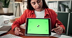 Green screen, video call and present with business woman in office for tablet, proposal pitch and research. Online meeting, webinar and project briefing with person in agency for virtual chat