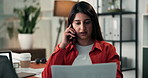 Business woman, documents and phone call in office for administration, advice or proposal. Female person, admin or discussion with mobile smartphone, paperwork or tablet screen for online report