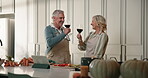 Love, toast or senior couple in kitchen with tablet, support and bonding together in cooking tutorial. Romance, man and woman in home with tech, drink cheers and learning together for dinner.