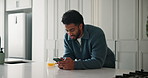 Smile, phone and man in kitchen for internet app, check notification and laugh at message. Mobile, home and happy person reading meme, typing text and scroll for online communication on social media