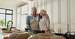 Love, hug or senior couple in kitchen with tech, support and bonding together in cooking tutorial. Happiness, mature man and woman in home with hug, romance and connection with online recipe.