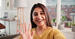 Happy woman, face or influencer with live recording in home for online communication or chat. Portrait, female person or vlogger in POV with wave or smile for virtual talk, discussion or conversation