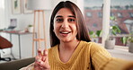 Face, influencer and woman wave in lounge, digital content creation and record video for subscriber. Happy, sponsorship and chat with virtual audience at home, pov and storytelling for channel growth