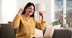 Excited woman, winning or sofa with laptop for success, good deal or lottery prize in home. Happy, female person or fist pump with smile on computer for bonus achievement or victory on couch in house