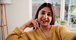Face, influencer and woman talk in lounge, digital content creation and record video for subscriber. Wave, sponsorship and chat with virtual audience at home, pov and storytelling for channel growth