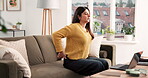 Stress, back pain and woman in house with laptop, overwhelmed or spine injury in remote work. Frustrated, bad posture and freelancer on sofa with ache, muscle stretch and fatigue in task management.