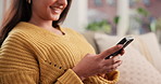 Home, smartphone and woman on sofa, smile and relax with social media, texting and internet. Apartment, communication or person on couch, cellphone and network with connection, app or online chatting