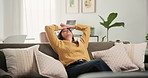 Back pain, woman and stretching with phone on sofa, muscle tension or bad posture in remote job. Body ache, inflammation or person with mobile app for work from home, strain and spasm relief on couch