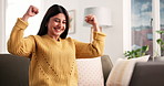 Happy woman, winning or sofa with laptop for success, good deal or lottery prize in home. Excited, female person or fist pump with smile on computer for bonus achievement or victory on couch in house