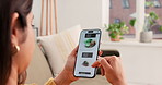 Woman, hands and phone with food menu on sofa for restaurant website, ecommerce or online order. Female person, user or scrolling with mobile smartphone app for fastfood or takeaway shopping in home