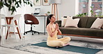 Yoga, breathe and woman in home with prayer hands for mindfulness, meditation and calm energy. Morning, mental health and person in pose for wellness, holistic balance and zen for peaceful exercise 