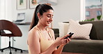 Fitness, girl and laughing with phone on floor for home workout, yoga break and funny text message. Mobile app, happy woman and rest in apartment from exercise, social media browsing and pilates joke