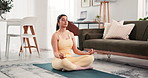 Yoga, breathe and woman in home with lotus pose for mindfulness, meditation and calm energy. Morning routine, mental health and person for wellness, holistic balance and zen for peaceful exercise 