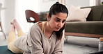 Fitness blogger, floor and woman with laptop, typing and content creation on social media or website. Online, influencer and person with tech for workout article, editing and proofreading in home