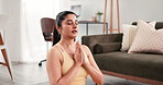 Yoga, breathe and woman in house with prayer hands for mindfulness, meditation and calm energy. Morning, mental health and person in pose for wellness, holistic balance and zen for peaceful exercise 