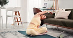 Floor, stretching and woman on tablet with yoga tutorial for exercise, pilates workout and balance. House, morning and person on digital tech for video, health subscription and lesson for wellness