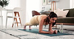 Woman, plank and exercise with tablet in home for timer, core workout and video in living room. Person, tech and click on application, clock and fitness challenge for stomach on floor at apartment