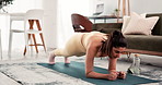 Woman, plank and training with tablet in home for timer, core workout and video in living room. Person, tech and click on application, clock and fitness challenge for stomach on floor at apartment