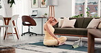 Yoga, girl and tablet with stretching in home for online class, pilates lesson and morning fitness. Exercise, yogi and neck warm up on mat for virtual workout, internet tutorial and holistic wellness