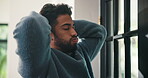Relax, breathing and calm with man in home for stress relief, thinking and stretching. Reflection, mindfulness and satisfaction with person in apartment for peace, perspective and eyes closed
