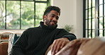 Break, smile and thinking with man on sofa in living room of home for contemplation or reflection. Memories, relax and vision with happy Indian person in apartment for ideas, nostalgia or planning