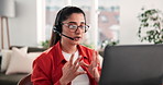 Woman, laptop or talking with headset in home for customer service, technical support or remote work. Freelancer, virtual assistant or consulting client with tech for online advice, CRM or discussion