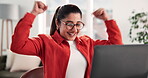 Excited, laptop and woman with success in home with story award, positive feedback or remote work. Freelancer, journalist and tech with celebration for publication recognition and submission approval