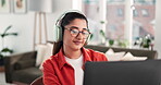 Headphones, dancing or woman with laptop in house for remote work, editing blog or music playlist. Freelance journalist, audio or tech in home for article research, typing news report or story review