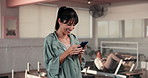 Happy, pilates and woman in studio, cellphone and funny meme with wellness, exercise and internet. Mature person, humor and instructor with smartphone, connection or social media with fitness or app 