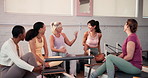 Break, laughing and reformer with women in gym together for bonding, health or wellness. Conversation, diversity and training with funny friends talking in pilates class for exercise or fitness