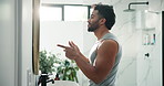 Finger guns, mirror and man in bathroom for grooming beard, hair care or morning routine. Home, beauty and happy person with confidence for wellness, hairstyle results and point with shooting gesture