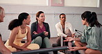 Break, conversation and reformer with women in pilates class together for bonding, health or wellness. Diversity, exercise and training with group of friends talking in gym for fitness or workout