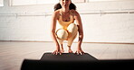 Yoga, home and woman roll mat to start exercise, training or stretching for health, fitness and wellness. Pilates, workout and female yogi with equipment to get ready or prepare gear in house