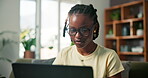 Laptop, glasses and student or black woman on sofa for elearning portal, research and study schedule. Assignment submission, university course and virtual class with person in living room of home