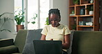 Laptop, video call and student or black woman on sofa for elearning portal, streaming or study webinar. Assignment presentation, university course and virtual class with person in living room of home