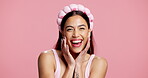 Skincare, smile or woman face with headband in studio, natural glow or beauty routine for facial shine. Dermatology, happy or person with hair band for self care, cosmetic or space on pink background