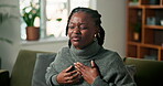 Chest pain, lung disease and pressure with black woman on sofa in living room of home for sickness. Asthma, breathing and tuberculosis with African person in apartment for cardiovascular emergency