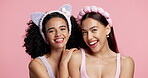 Beauty, face and women in studio with headband, friends or bonding in skincare routine. Facial, cosmetic or female people with hair accessory on pink background, spa day or quality time in self care.