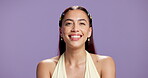 Fashion, face and woman in studio with confidence, bold and creative in personal style. Beauty, smile and female person on purple background with accessories, gen z and unique in retro aesthetic.