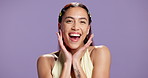 Face, woman and happy for skincare in studio background with beauty, health skin and natural shine. Portrait, female person or cosmetics for wellness, facial hydration and smooth results of treatment