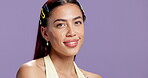 Face, skincare and happy woman in studio with glow, beauty and mockup space on purple background. Cosmetics, natural shine or clean makeup with female person, cosmetology and confidence with smile