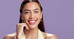 Face, skincare and happy girl in studio with glow, beauty and mockup space on purple background. Cosmetics, natural shine or clean makeup with confident woman, cosmetology and touch with smile
